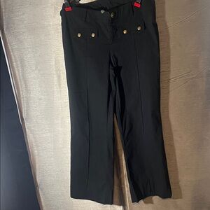Bisou Bisou wide leg Black Stretch Pants, Size 10 w/gold buttons, seam on legs